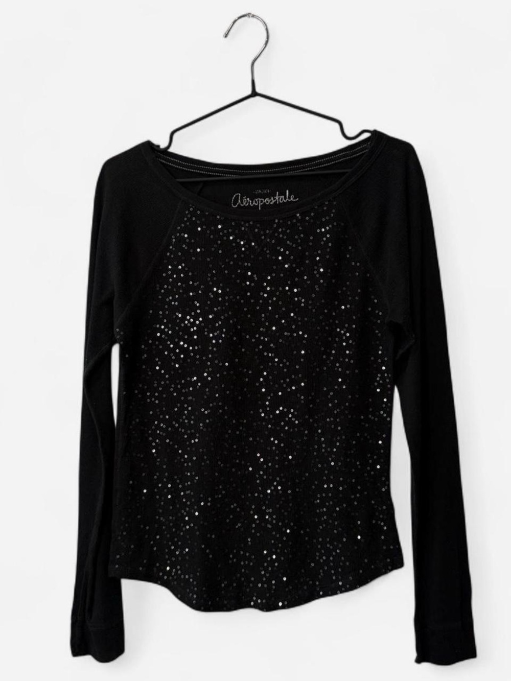 Y2K Aeropostale Women's Black Sequin Long-Sleeve Thermal Top